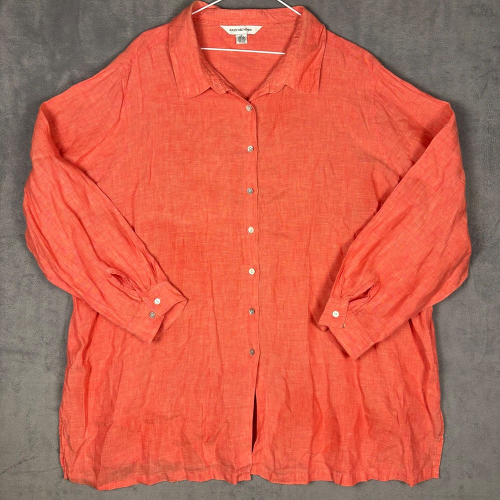 August Max Woman 100% Linen Button Down Shirt Coral Orange Plus 3X Long Sleeve